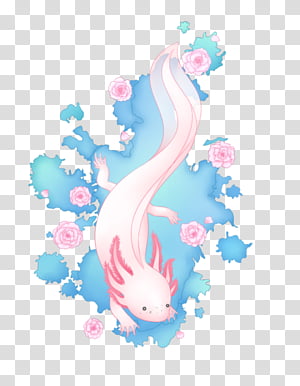 A cute pink axolotl swimming in blue water with floating pink roses and floral splashes.