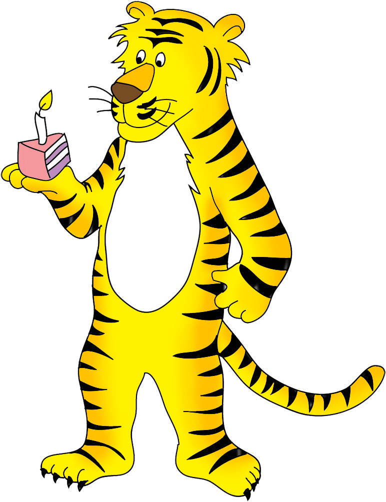Cheerful cartoon tiger holding a birthday cake with one lit candle.