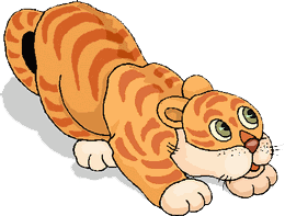 Cartoon tiger cub in a playful crouching pose with orange stripes and wide green eyes.