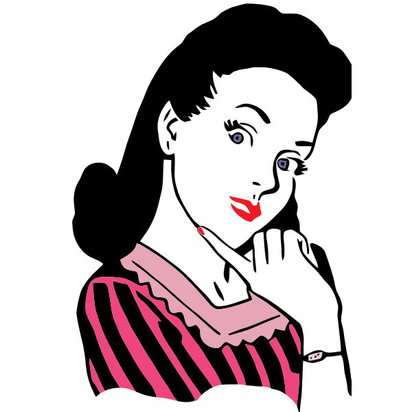 Vintage-style illustration of a woman with dark hair, red lips, and pink-and-black striped top, posing thoughtfully with finger to chin.