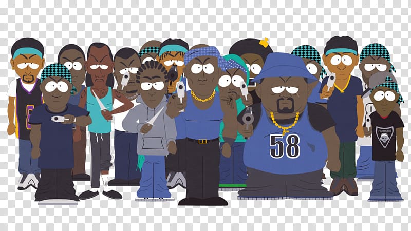 South Park-style animated group of Black characters in streetwear, some holding guns and knives, wearing bandanas and gold chains.