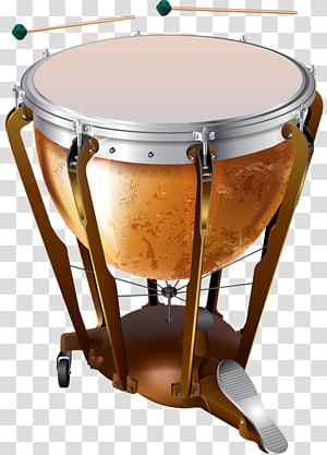 A brass timpani drum with pedal mechanism, mallets resting on rim, mounted on wheeled stand.