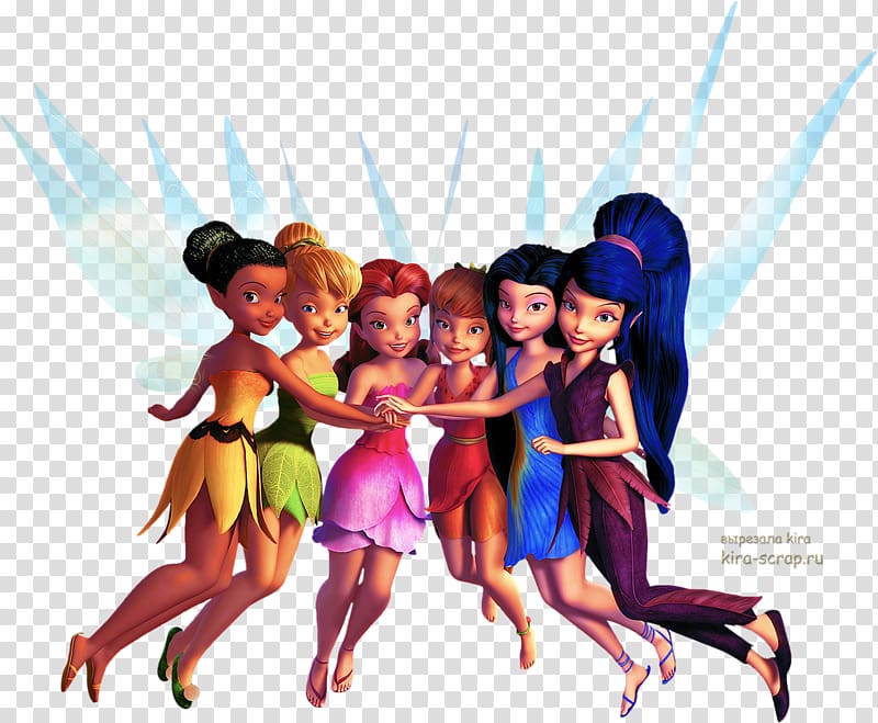 Six Disney fairies-Tinker Bell, Fawn, Rosetta, Iridessa, Silvermist, and Vidia-holding hands in flight with translucent wings.