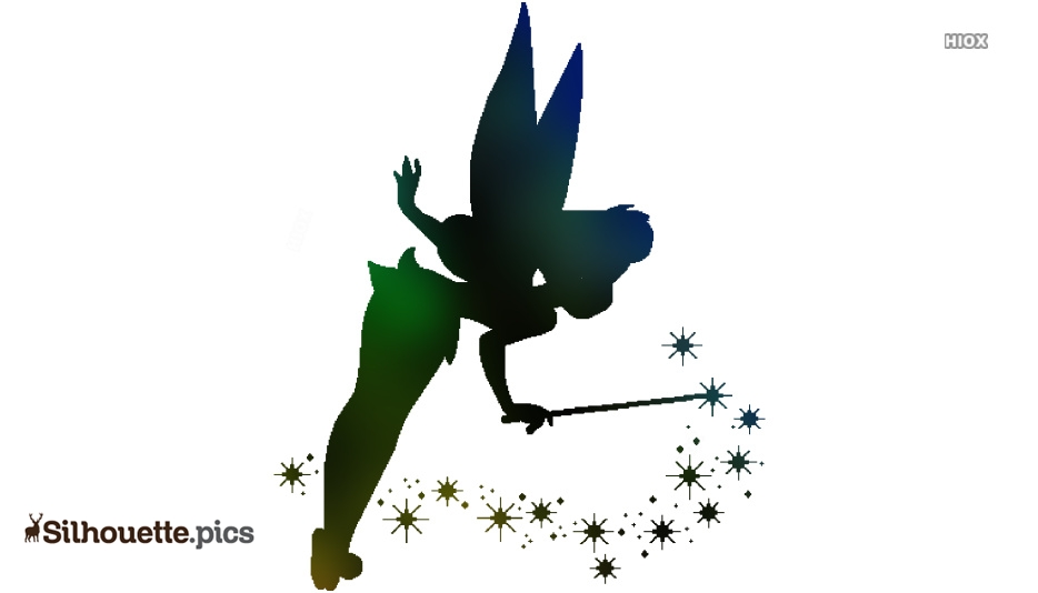 Silhouette of Tinker Bell flying with wand, casting sparkling magic stars in gradient green-to-blue tones.