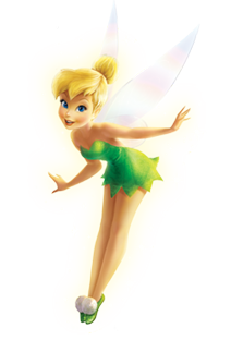 Tinker Bell, a Disney fairy with blonde hair, green dress, and translucent wings, flying joyfully with sparkles.