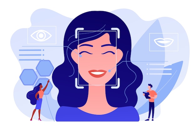 Illustration of a smiling woman with facial recognition scanning overlay and tech icons surrounding her.