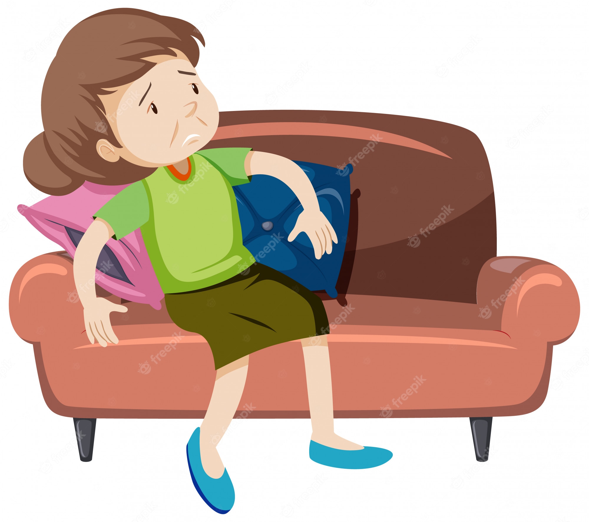 A tired woman slouching on a brown sofa with pillows, wearing green shirt and blue shoes, looking exhausted.