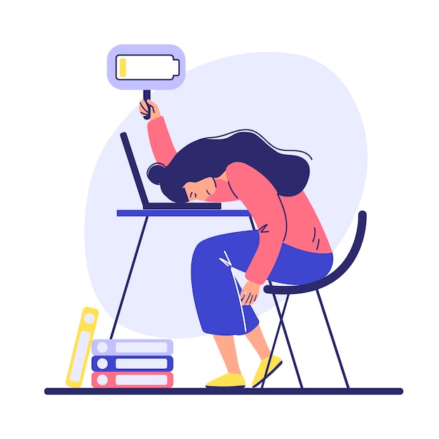 Exhausted woman sleeping at desk with low battery icon above her head, symbolizing burnout and mental fatigue.