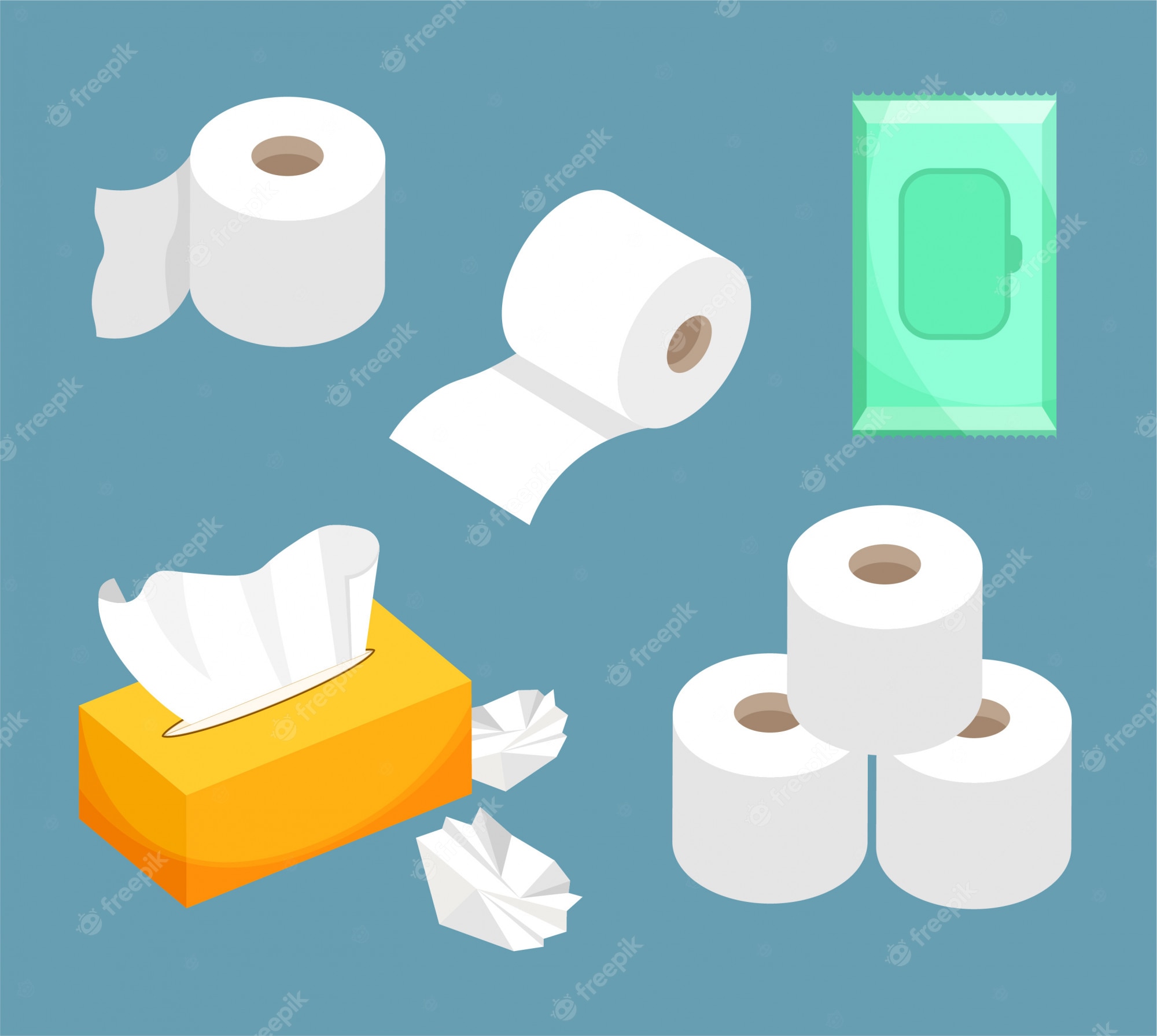 Collection of hygiene products including toilet paper rolls, tissue box, and wet wipes pack on blue background.