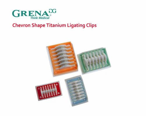 Grena DG Chevron Shape Titanium Ligating Clips in colored trays (orange, green, red, blue) for dental orthodontic use.
