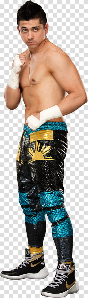 Professional wrestler in black and teal sequined trunks with gold sunburst emblem, white hand wraps, and Nike NXT boots.