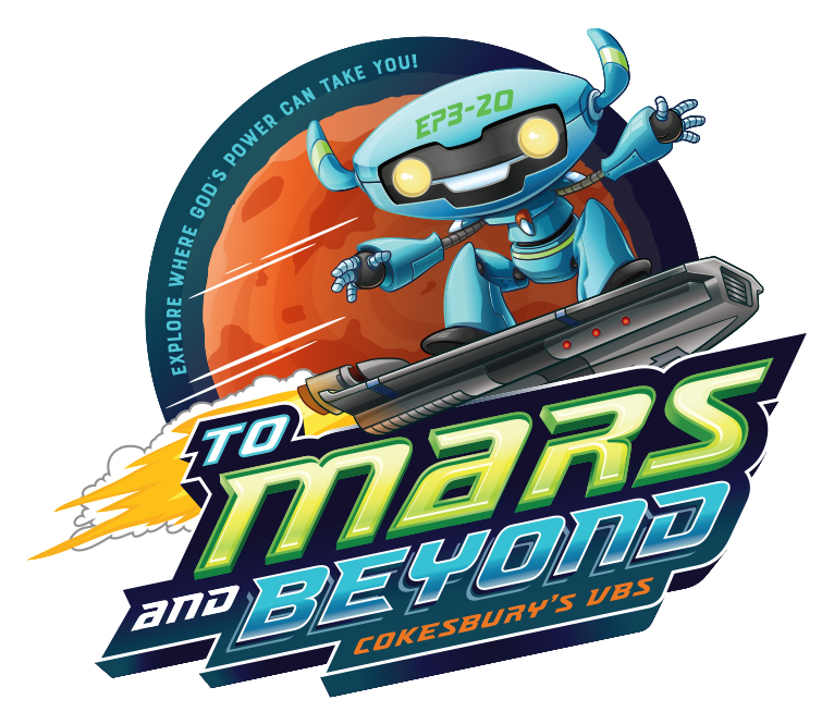 A cheerful blue robot rides a rocket-powered hoverboard past Mars, promoting “To Mars and Beyond: Cokesbury’s VBS” with episode tag EP3-20.