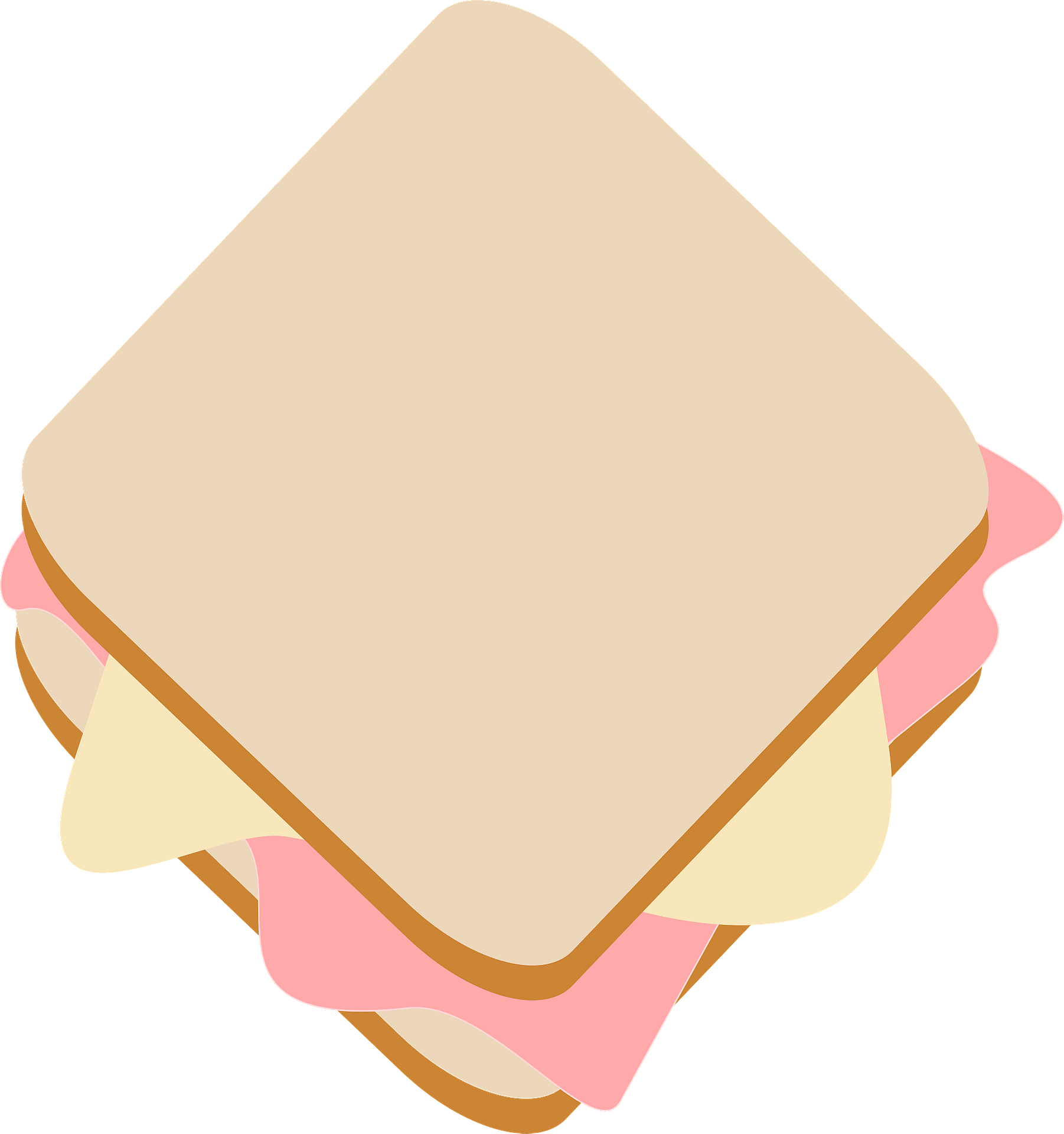 Stylized illustration of a layered sandwich with bread, ham, and cheese on a teal background.