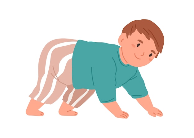 Toddler crawling on all fours, smiling, wearing teal shirt and striped pants.
