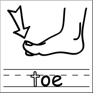 Line drawing of a human foot with an arrow pointing to the big toe, labeled "toe" below.