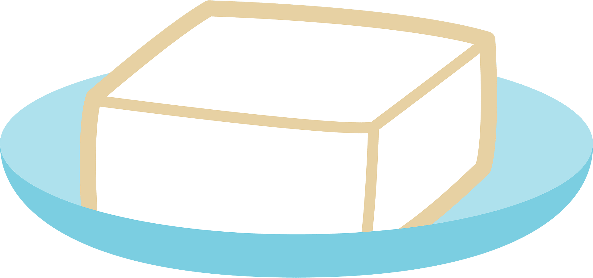 A clean, minimalist illustration of a white rectangular block-likely tofu or cheese-on a light blue plate against a green background.