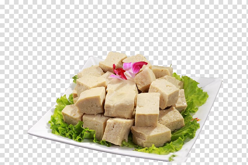 Cubed tofu served on a white plate with lettuce and a pink flower garnish.