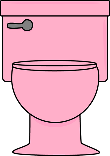 Pink cartoon-style toilet with gray flush handle on black background.
