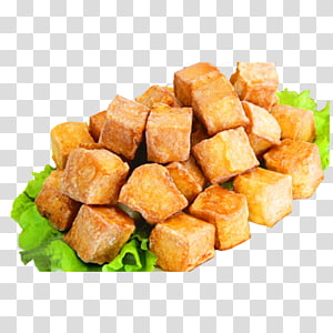 Golden-brown fried tofu cubes piled on fresh green lettuce leaves, ready to serve.