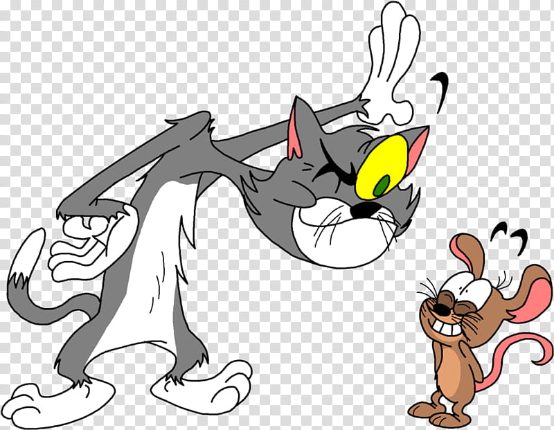 A cartoon gray cat with a yellow eye lunges playfully at a smiling brown mouse on a transparent background.