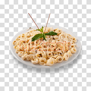 A plate of tortellini pasta garnished with fresh mint and toothpicks, served on a white dish against a transparent background.