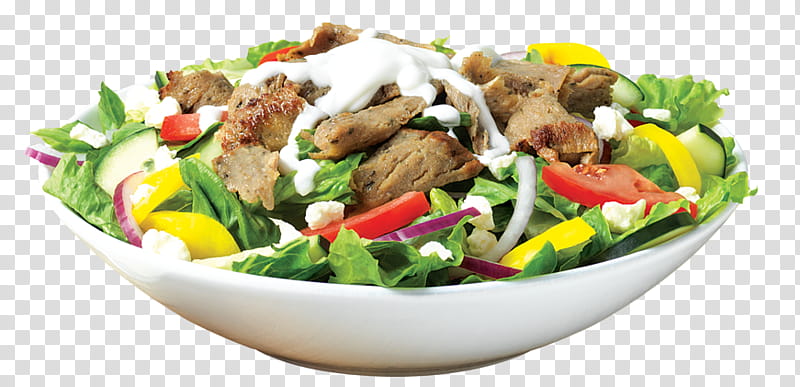 Fresh Greek-style salad with grilled meat, lettuce, tomatoes, cucumbers, red onions, feta, and creamy dressing in a white bowl.