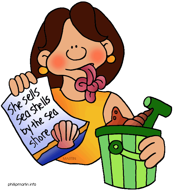 A smiling woman holds a sign reading "She sells sea shells by the sea shore" and a bucket of seashells with a shovel.