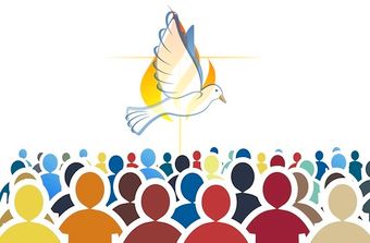 A white dove with outstretched wings hovers above a diverse crowd of colorful silhouetted people, symbolizing the Holy Spirit and unity.
