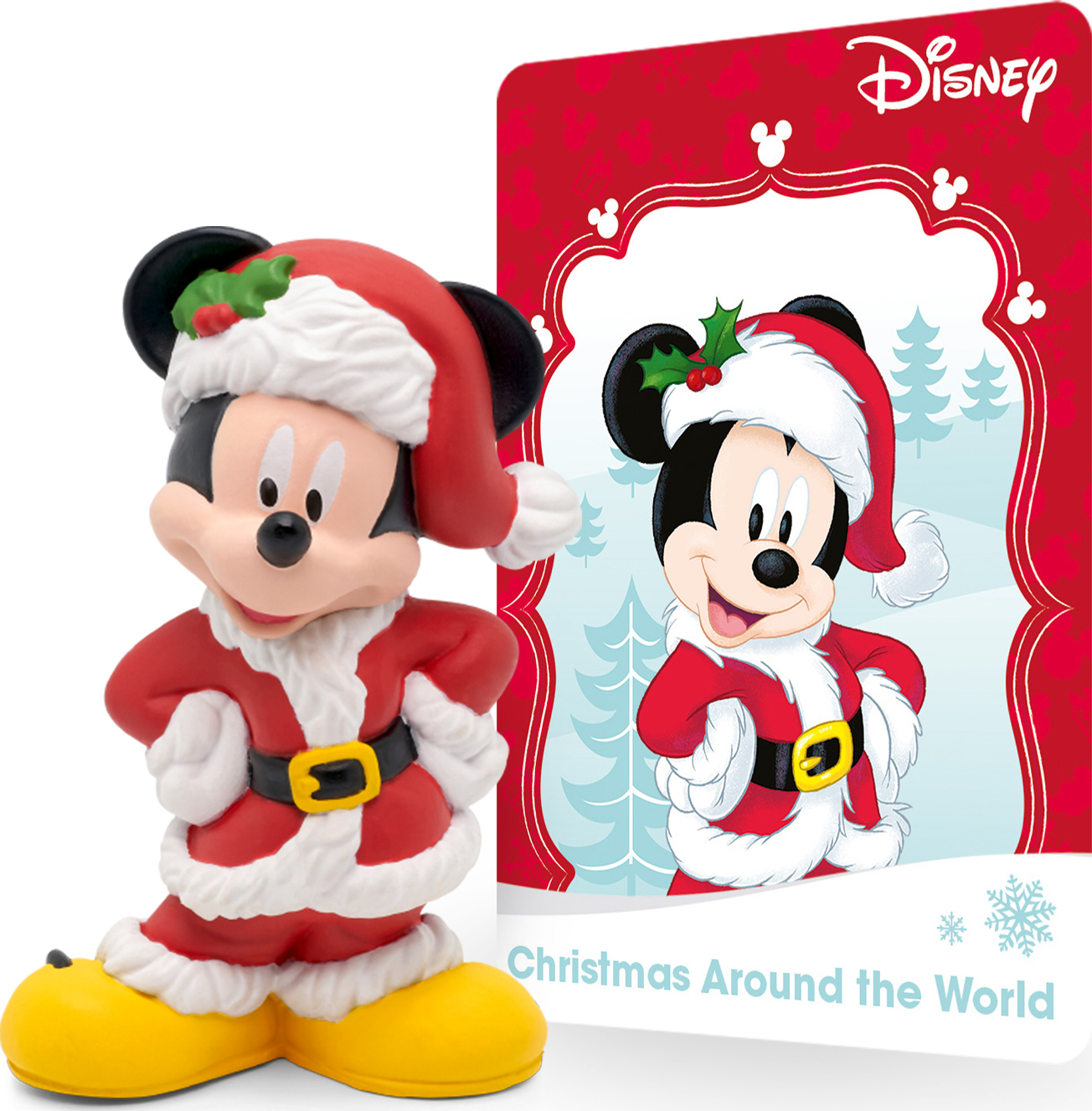 Disney Mickey Mouse in festive Santa outfit with holly, beside a "Christmas Around the World" card.
