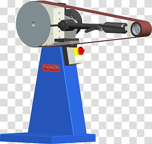 Blue benchtop belt sander with red emergency stop button and adjustable sanding belt.