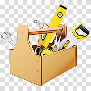 Wooden toolbox filled with wrenches, level, saw, and pliers on transparent background.