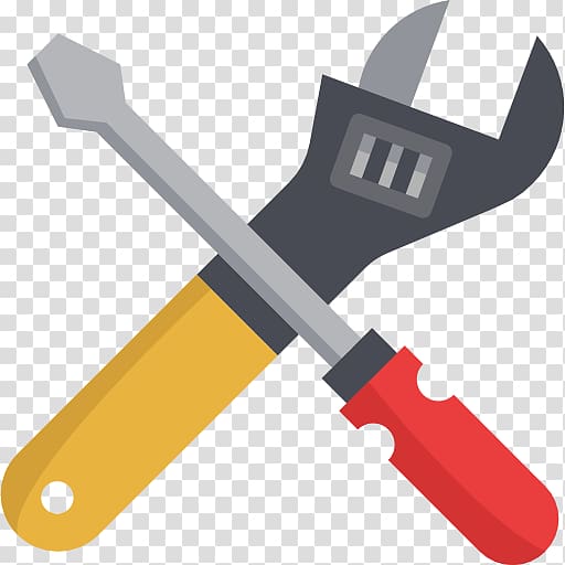 Yellow-handled flathead screwdriver crossed with red-handled adjustable wrench on transparent background.