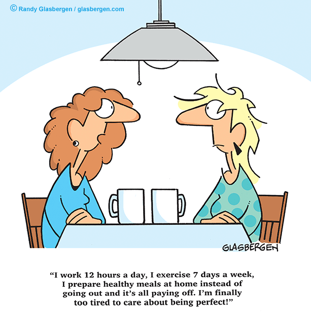 Two women at a table under a lamp; one says she’s too tired to care about being perfect after working, exercising, and cooking.