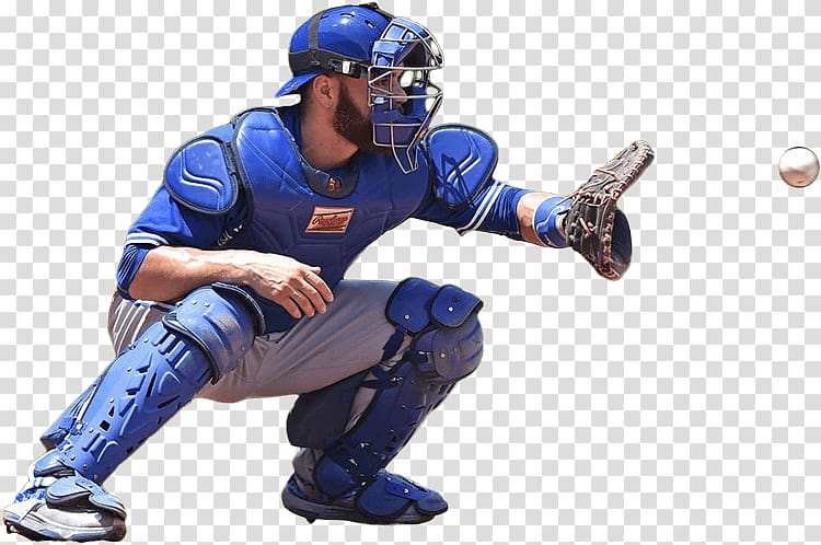Baseball catcher in blue gear crouching to catch a pitch with mitt extended toward incoming ball.