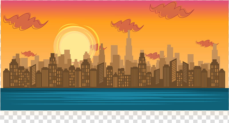 Sunset city skyline with orange sky, stylized clouds, and waterfront silhouette.