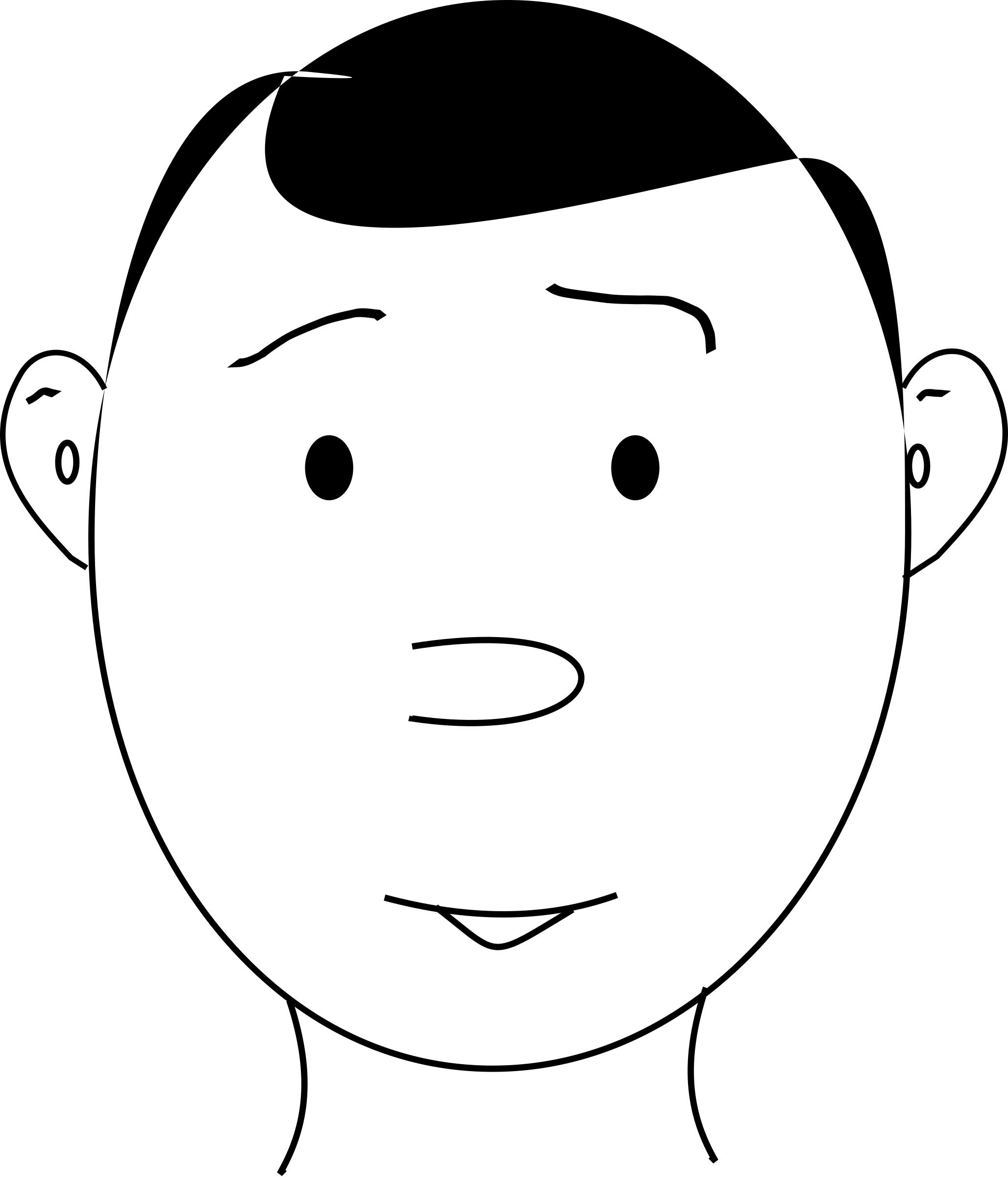 Simple black-and-white line drawing of a cartoon boy’s face with short hair, round eyes, and a neutral expression.