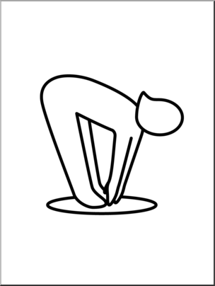 Simple line drawing of a person in a forward bend yoga pose, hands near feet, head down.
