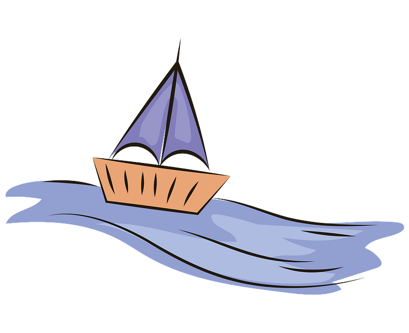 Simple cartoon sailboat with purple sail and orange hull floating on stylized blue waves.