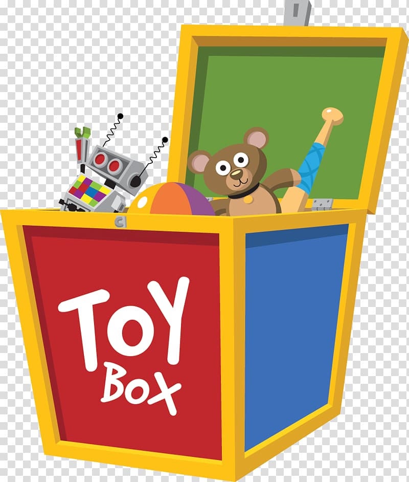 Colorful open toy box with teddy bear, robot, ball, and bat inside; labeled "Toy Box" on red panel.