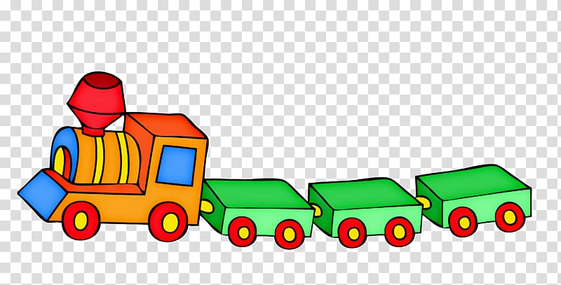 Colorful cartoon toy train with orange engine, red smokestack, blue front, and three green cargo wagons on transparent background.