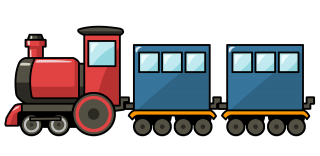 Red cartoon steam locomotive pulling two blue passenger cars on a black background.