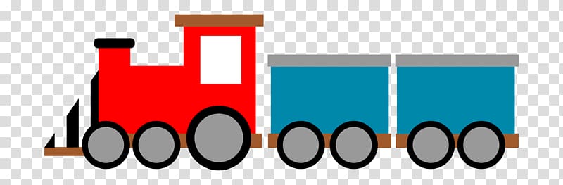 Red cartoon train engine pulling two blue cargo cars on a transparent background.