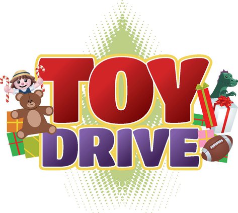 Colorful "Toy Drive" logo with cartoon child, teddy bear, gifts, dinosaur, football, and candy cane.