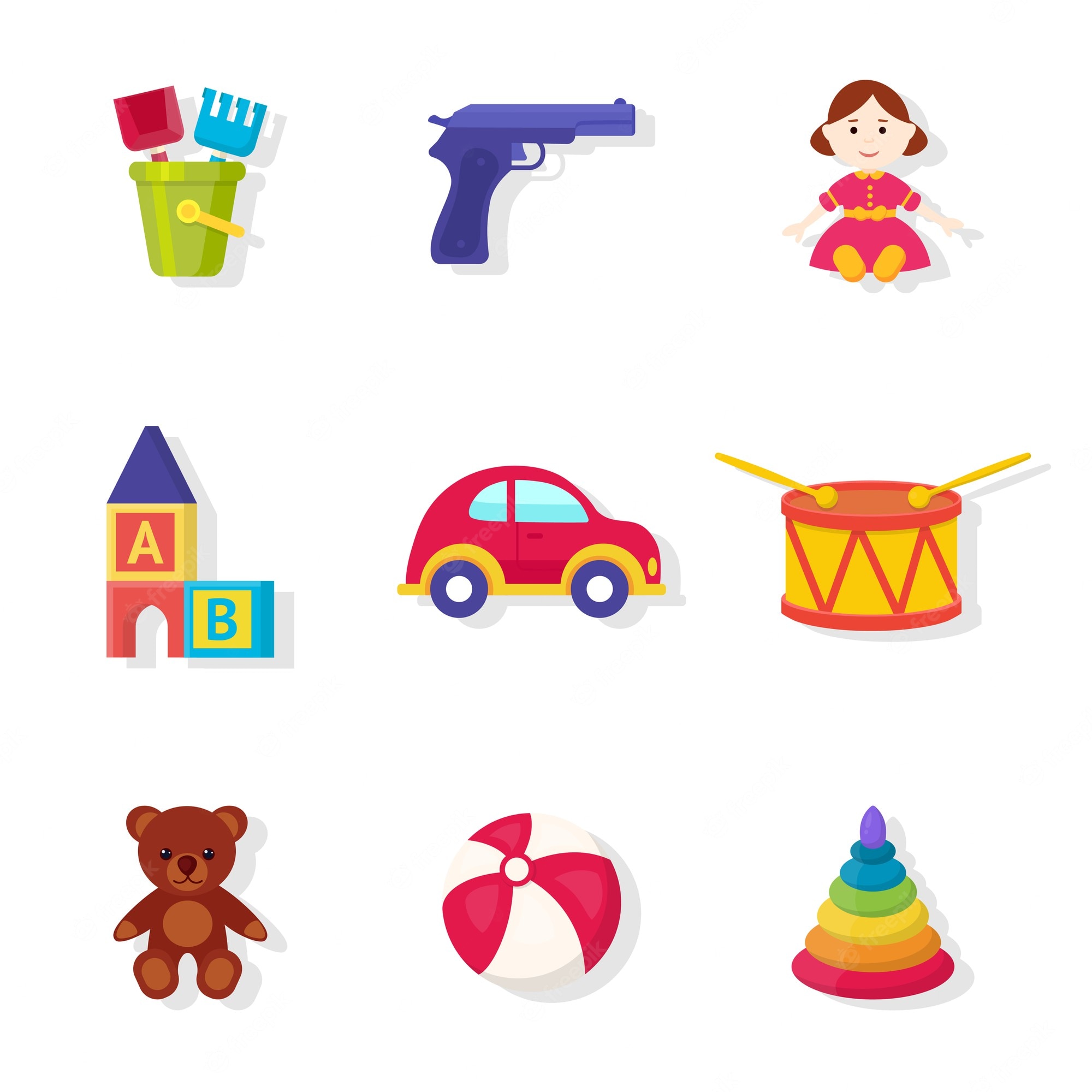 Collection of colorful children's toys including blocks, car, drum, doll, teddy bear, ball, pyramid, sandbox tools, and toy gun.