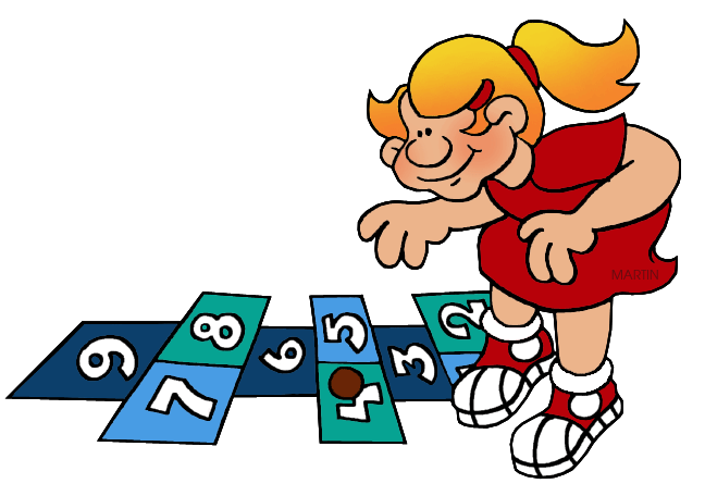 A cartoon girl in a red dress playing hopscotch on numbered colorful squares.