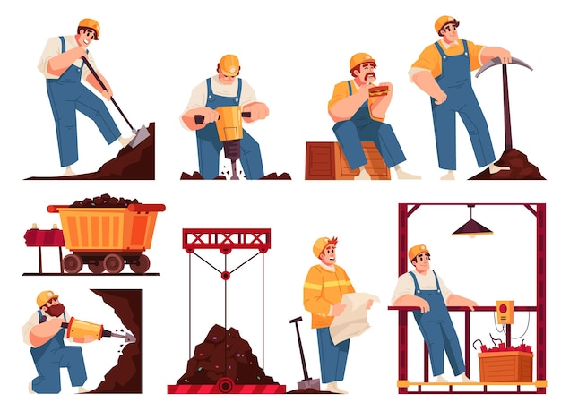 Construction and mining workers performing various tasks including drilling, shoveling, operating machinery, and inspecting plans.