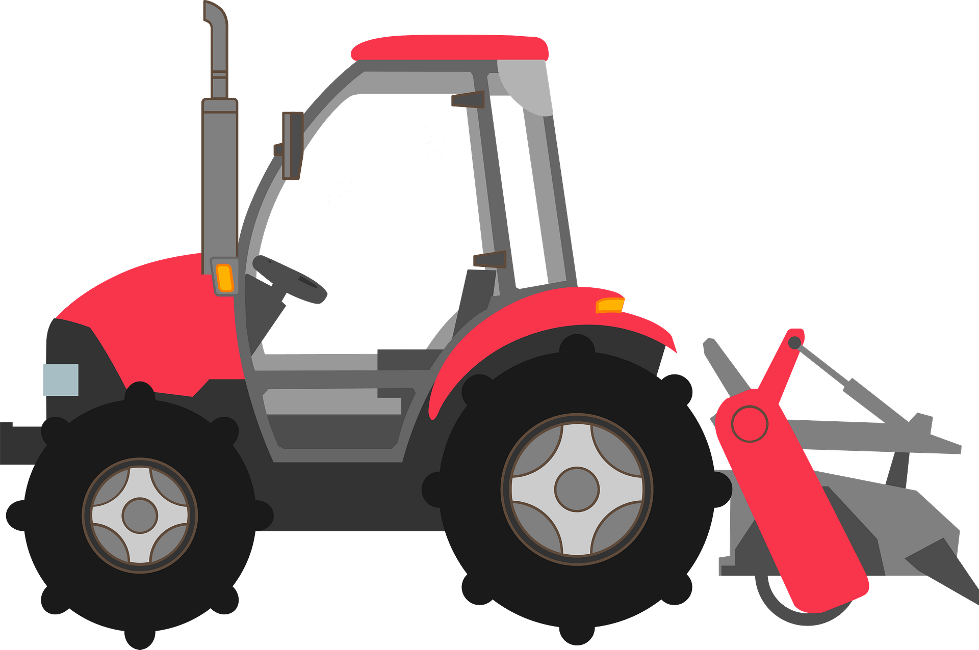Red and gray farm tractor with front loader attachment, illustrated in flat vector style.