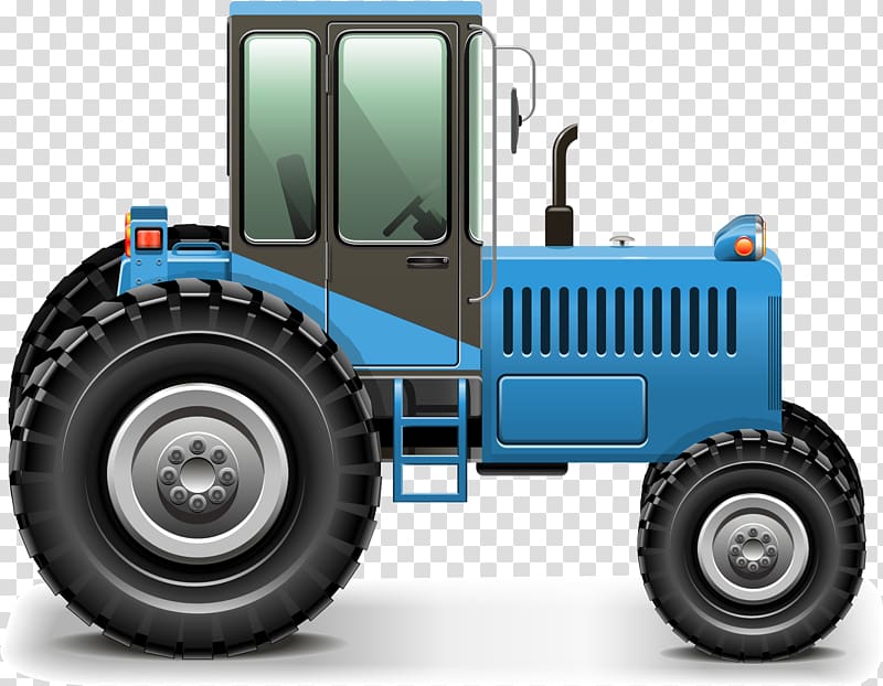 Blue agricultural tractor with large rear tires, cab, and front grille on transparent background.