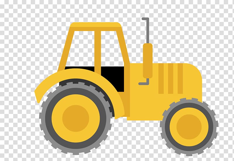 Yellow cartoon-style tractor with large rear wheels and cabin, isolated on transparent background.