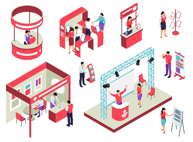 Isometric illustration of a trade show with booths, presentations, and business interactions.